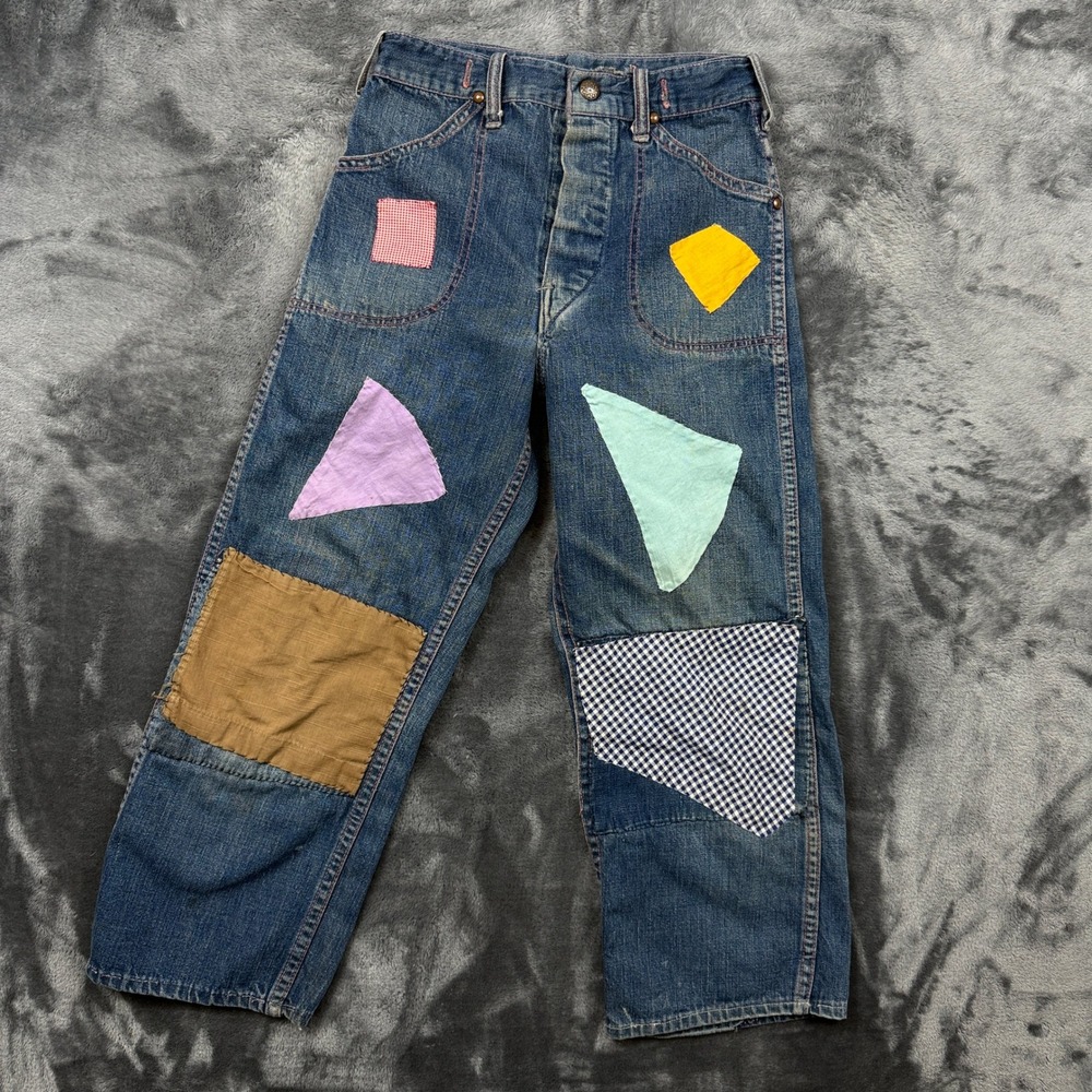 Vintage Custom Patchwork Jeans Mens 22x21 Blue DIY Distressed Workwear Pants